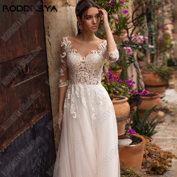 Runhufu Boho 3/4 Sleeves Wedding Dress A-Line Scoop Lace Applique Bride Gowns Sweep Train Tulle Illusion Vestidos De Novia